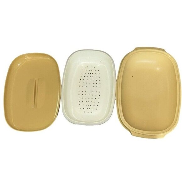 Vintage Tupperware Harvest Gold 3 Piece Vegetable Rice Steamer Strainer MCM - Picture 2 of 7